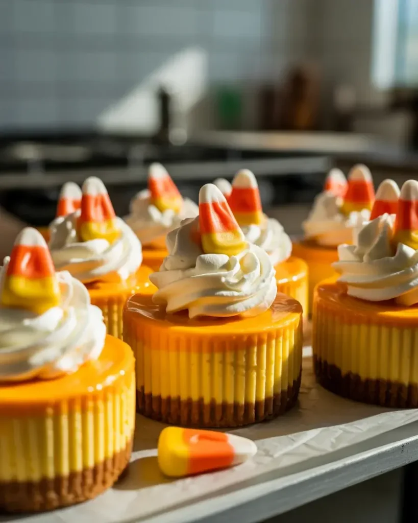 Candy corn cheesecakes topped with whipped cream and candy corn pieces ready to serve
