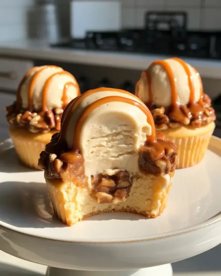 Caramel praline ice cream cupcakes with glossy drizzle and crunchy pecan topping ready to serve