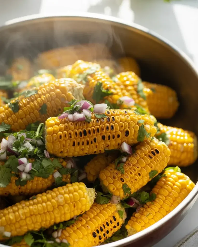 Charred corn salsa with jalapeño, red onion, and cilantro - smoky and bright