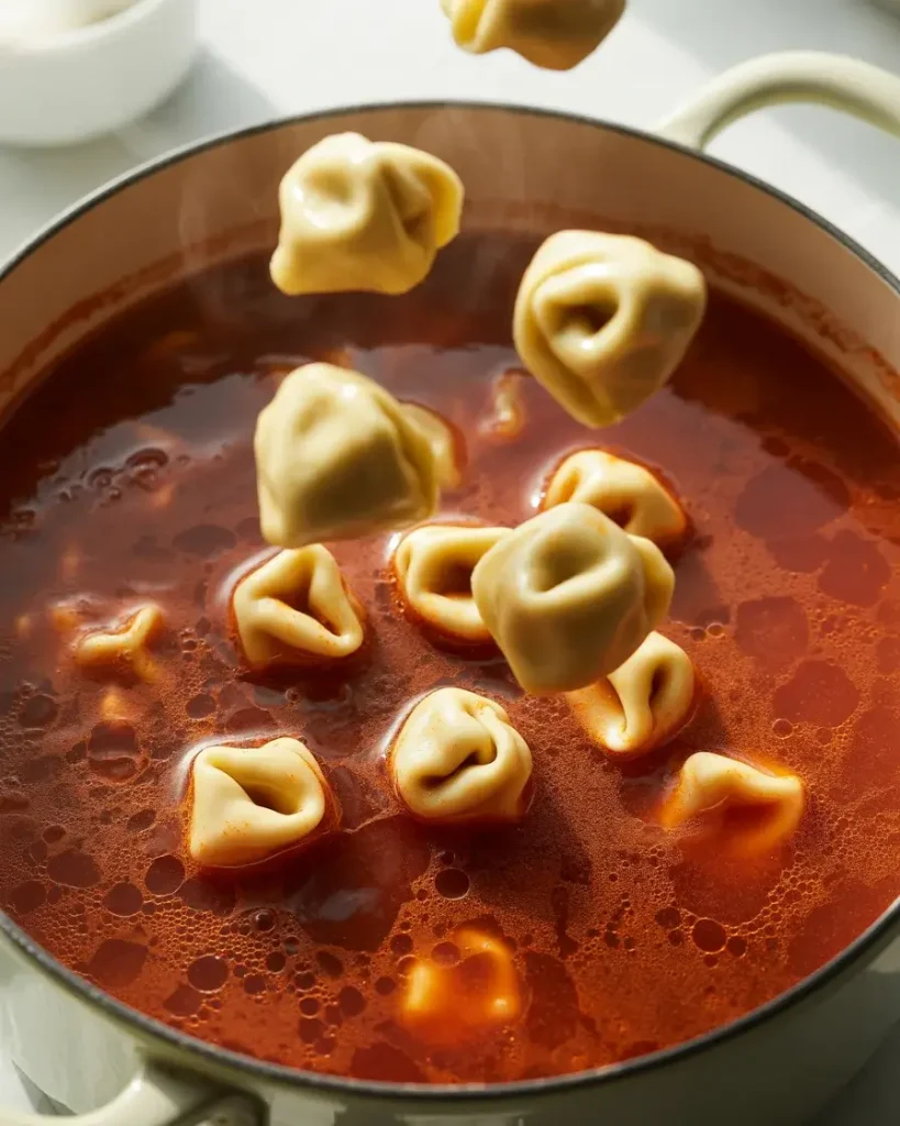 Cheese tortellini cooking in tomato broth until just tender and floating to the surface