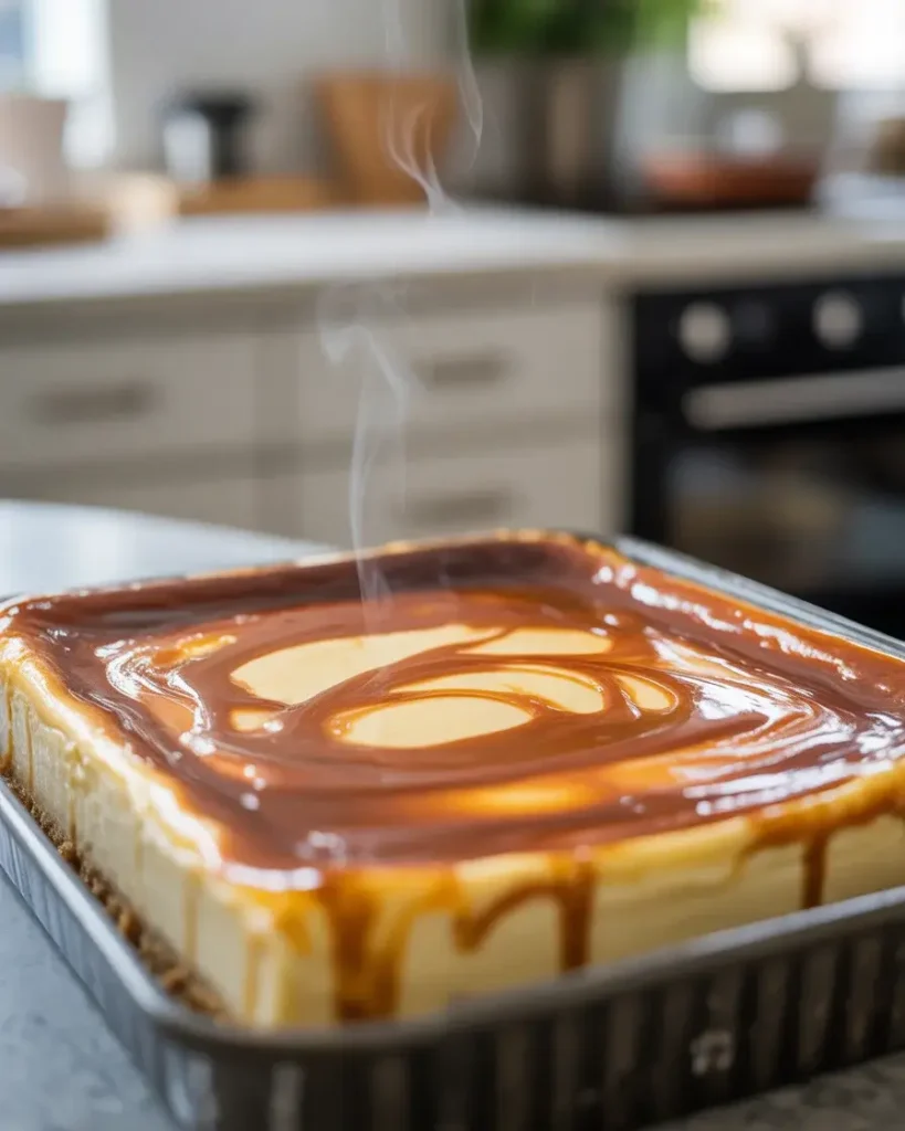 Cheesecake bars just out of the oven with set edges and a slight jiggle in the center