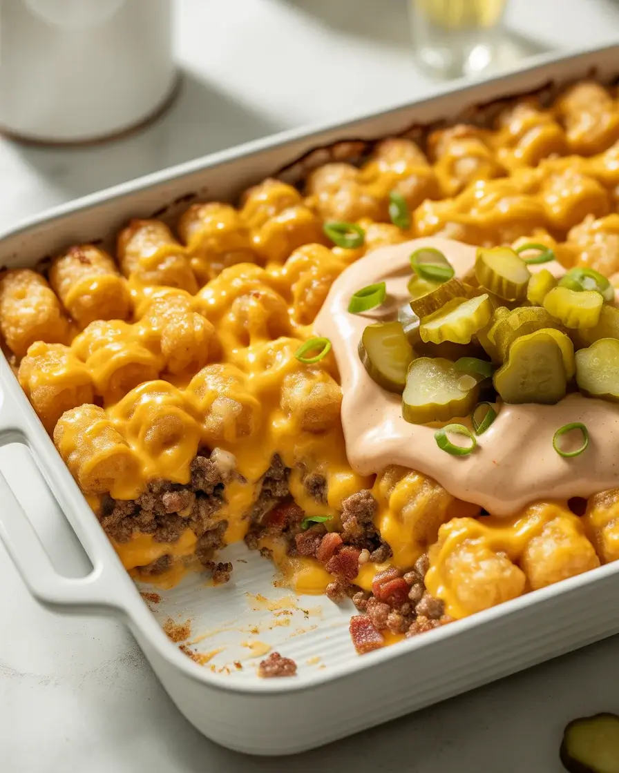 Cheesy bacon cheeseburger tater tot casserole with golden crispy tots, pickles, and burger sauce