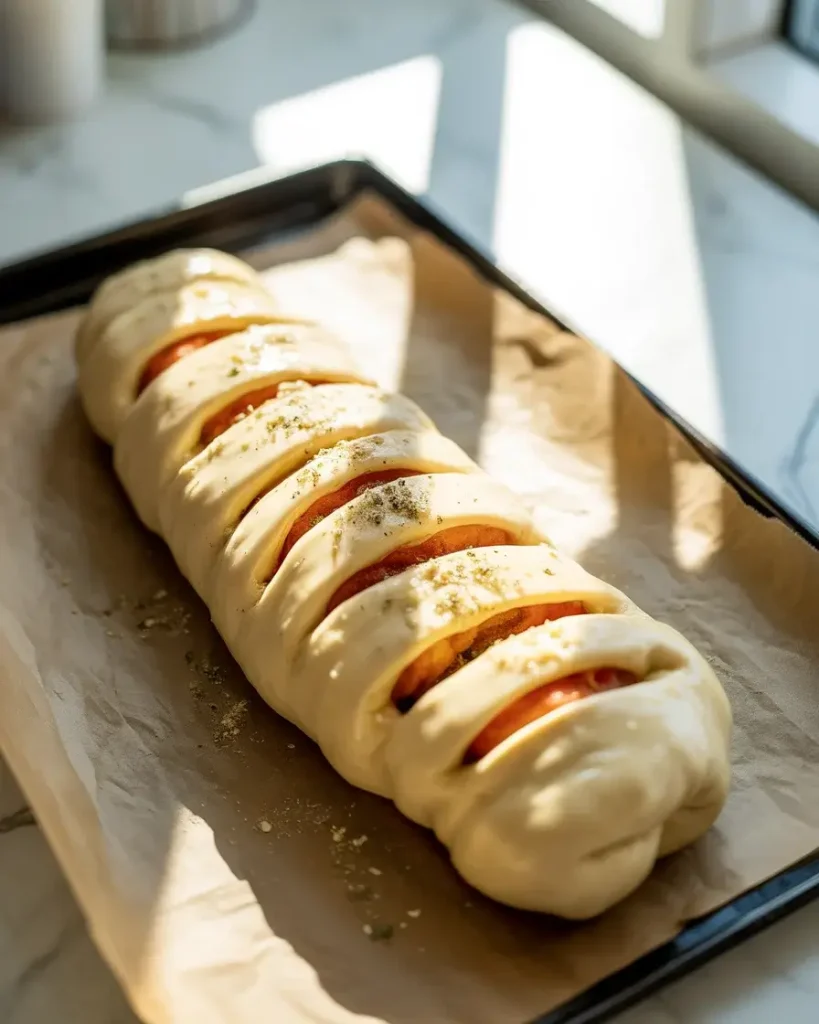 Cheesy pepperoni stromboli fresh from the oven with a deep golden crust
