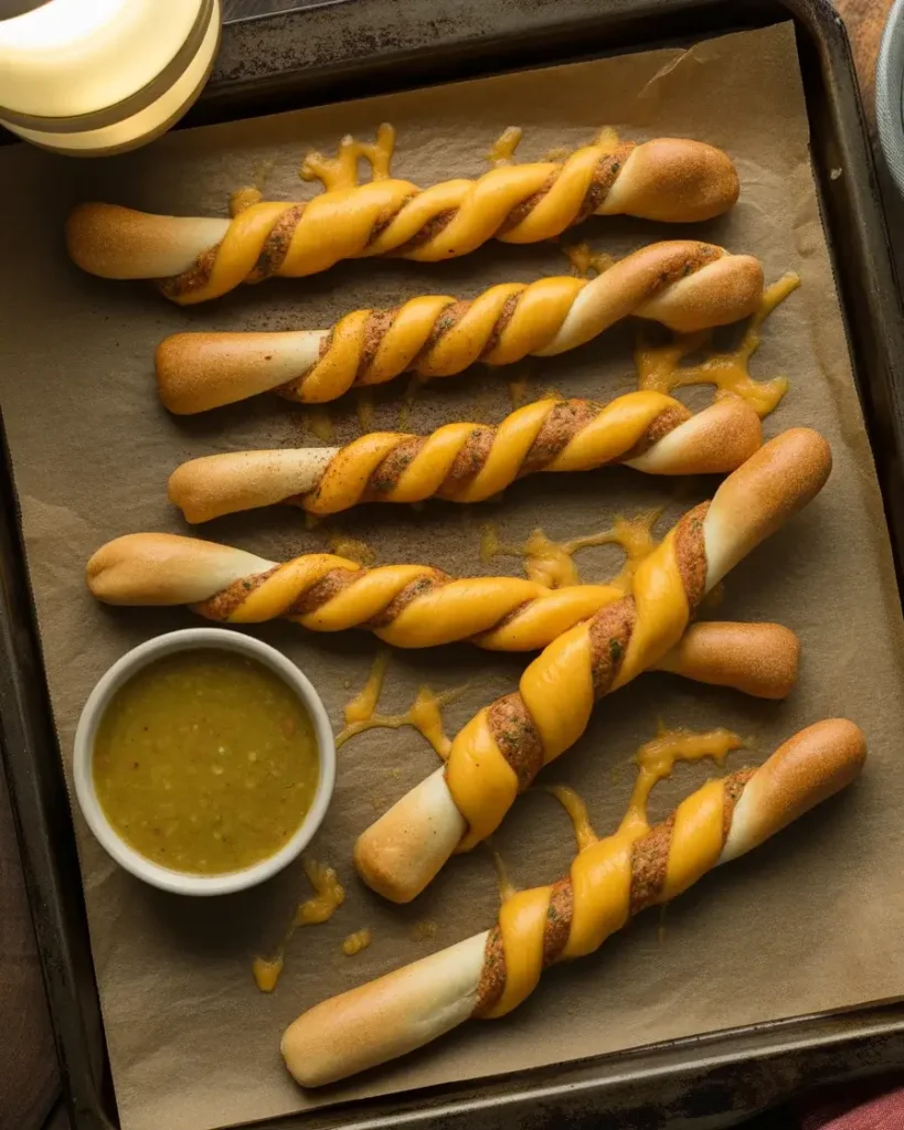 
Cheesy taco breadsticks fresh from the oven with a golden, seasoned top.