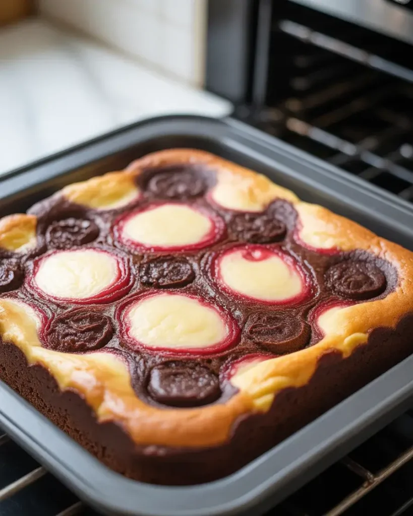 Cherry cheesecake brownies fresh from the oven with set edges and a perfectly swirled top