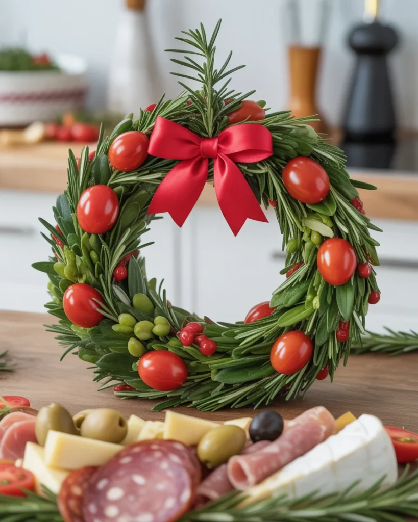 Cherry tomato ornaments and a rosemary bow turn this appetizer into a true holiday centerpiece