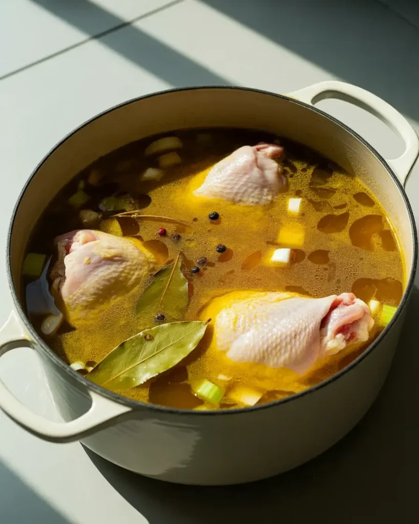 Chicken and broth added to the pot, turning a rich golden yellow from the turmeric
