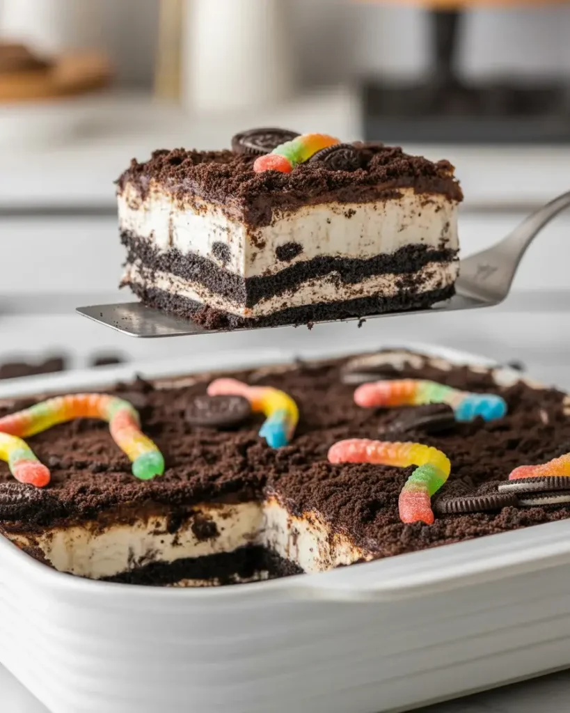 Chilled dirt cake casserole showing distinct creamy layers and gummy worm topping
