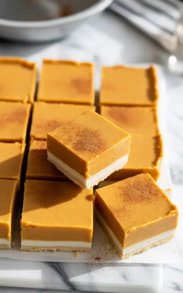 Chilled pumpkin pie bars sliced into clean squares showing the golden crust and smooth filling