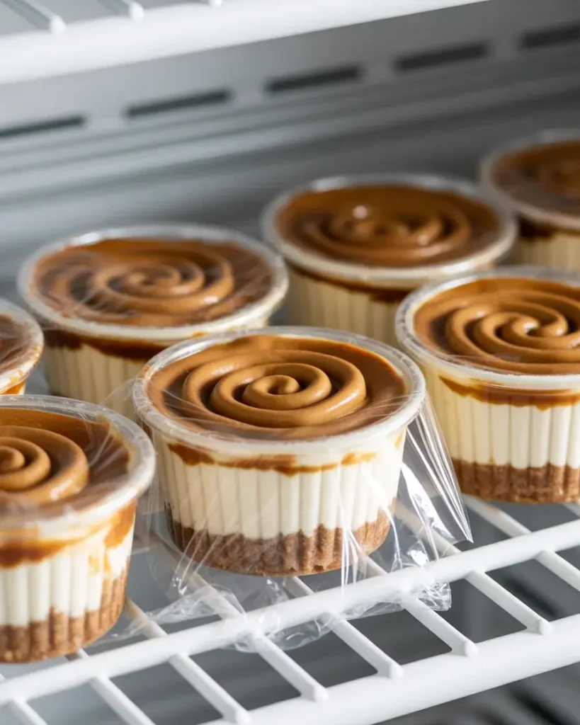 Chilling assembled cheesecake cups in the fridge for at least 2 hours to set perfectly