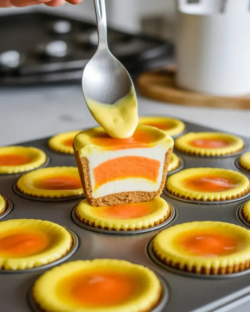 Chilling candy corn cheesecakes overnight for the best firm and creamy texture
