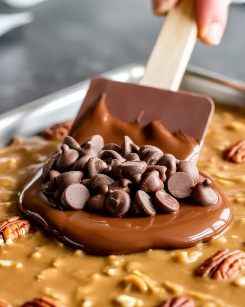 Chocolate chips melting over hot pecan caramel bark and spread into a smooth layer
