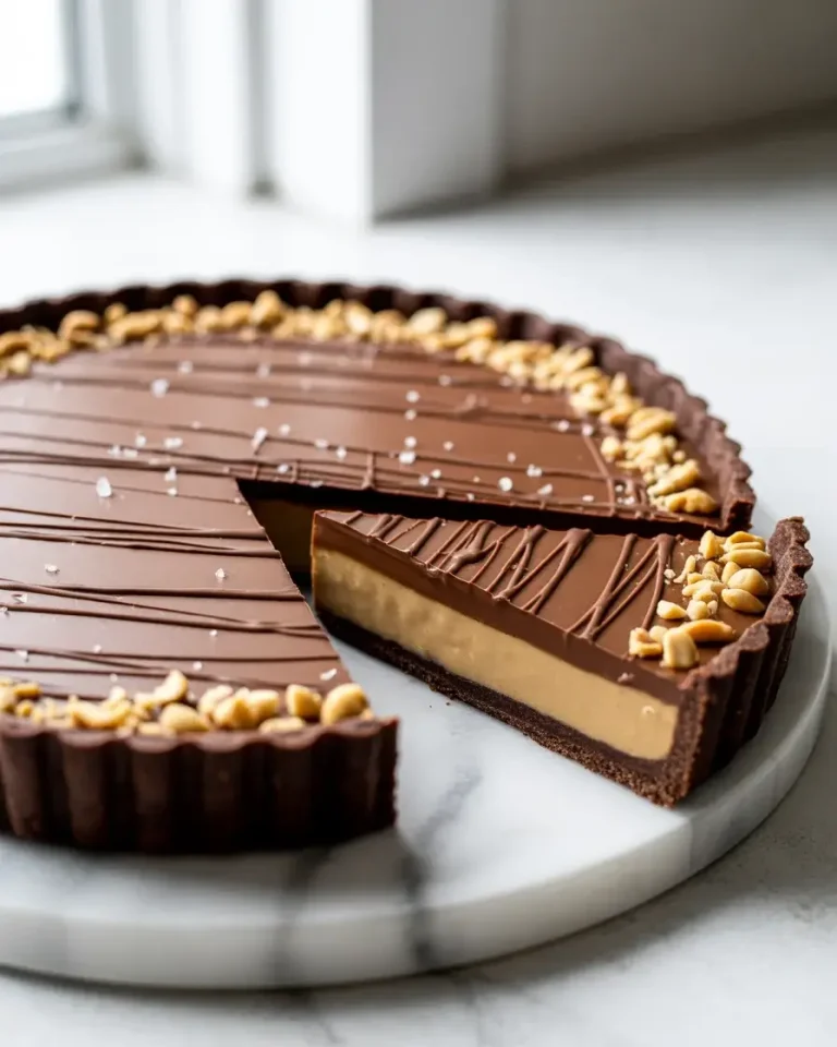 Chocolate peanut butter tart with ganache layers, drizzle, and sea salt for the perfect dessert