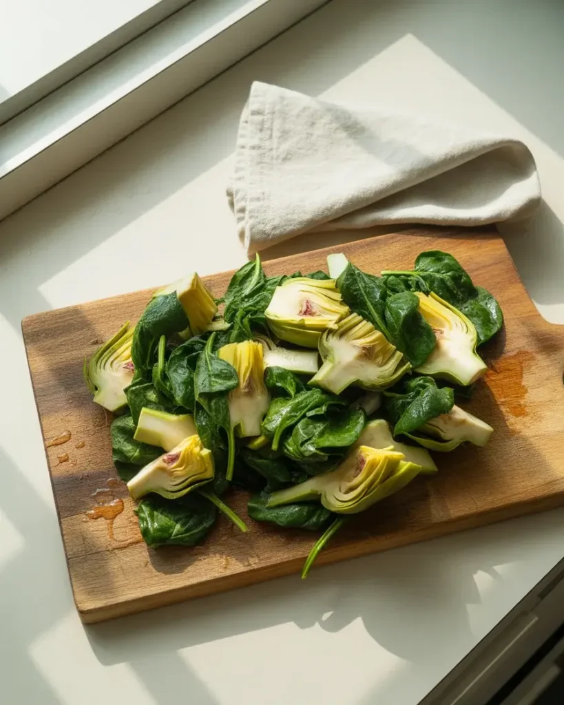 Chopped artichoke hearts and squeezed spinach ready for mixing into egg bars