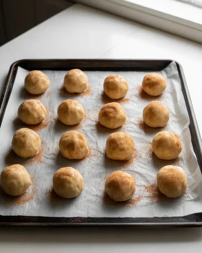 Cinnamon-sugar coated apple pie bites arranged and ready to go into the oven