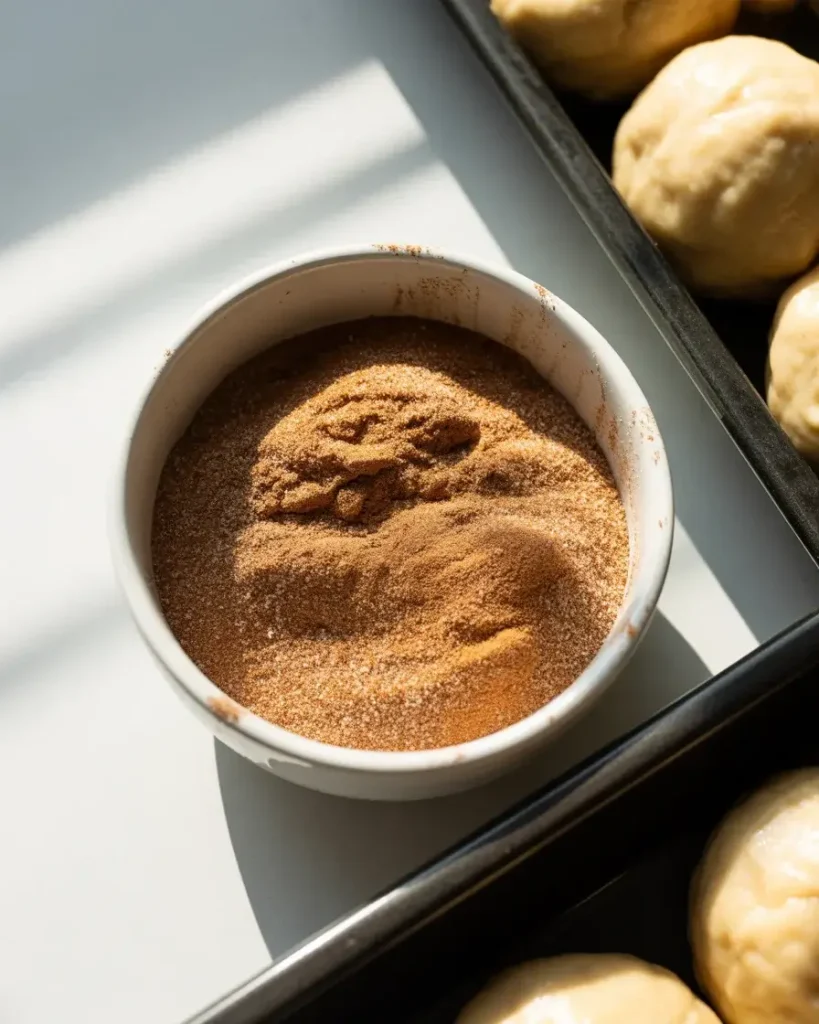Cinnamon-sugar coating mixture ready for rolling the chilled dough balls