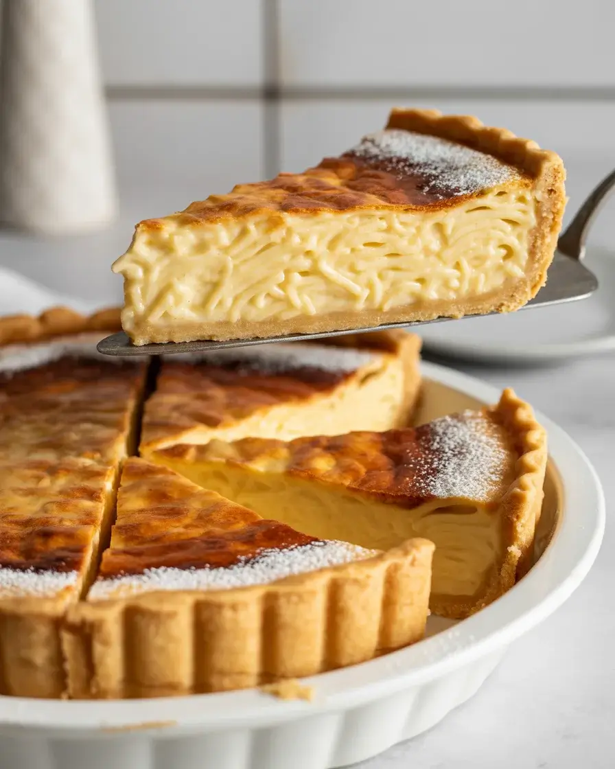 Classic French coconut pie with golden caramelized top and creamy custard filling, ready to serve