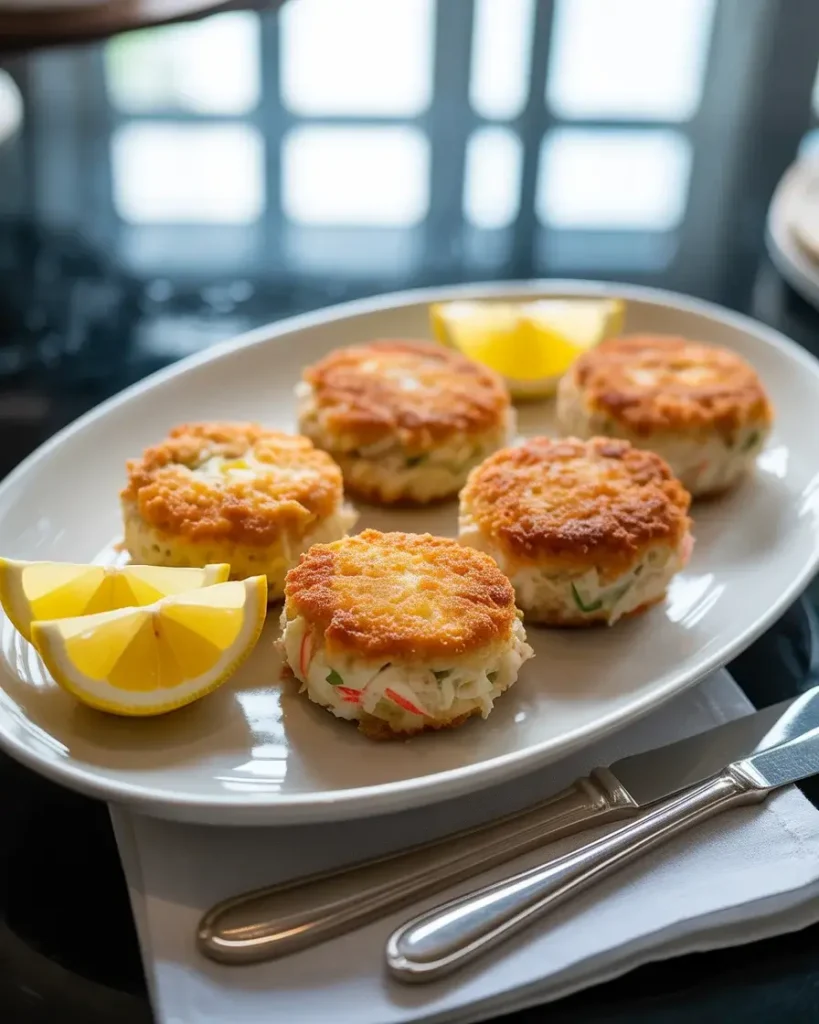 Classic golden crab bombs served with fresh lemon on an elegant platter.