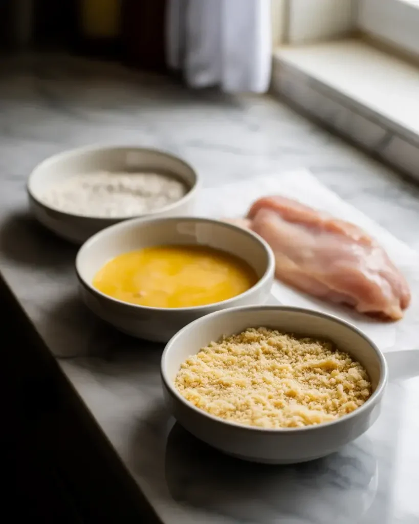 Classic three-bowl breading station with flour, egg wash, and panko-Parmesan mixture