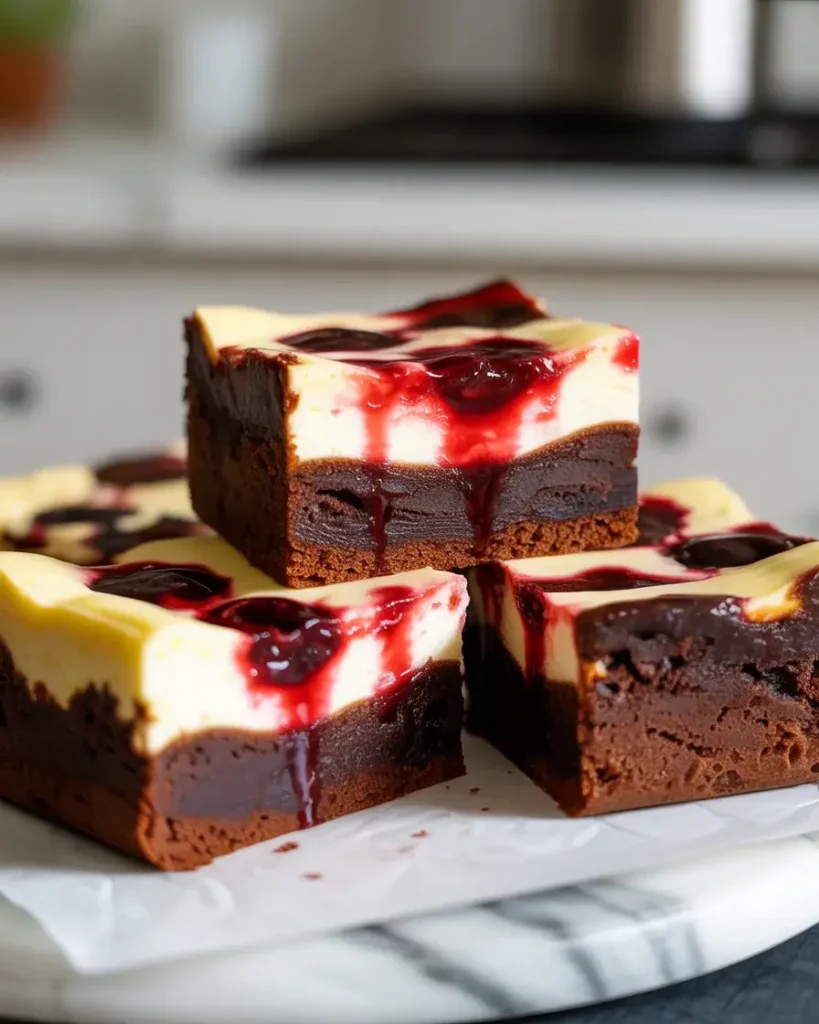 Clean-cut cherry cheesecake brownie squares revealing beautiful layers of chocolate, cream, and cherry