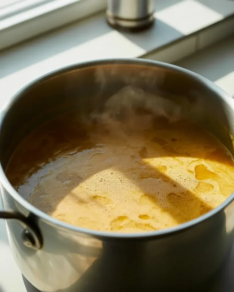  Coconut milk and broth simmering into a rich, golden curry base
