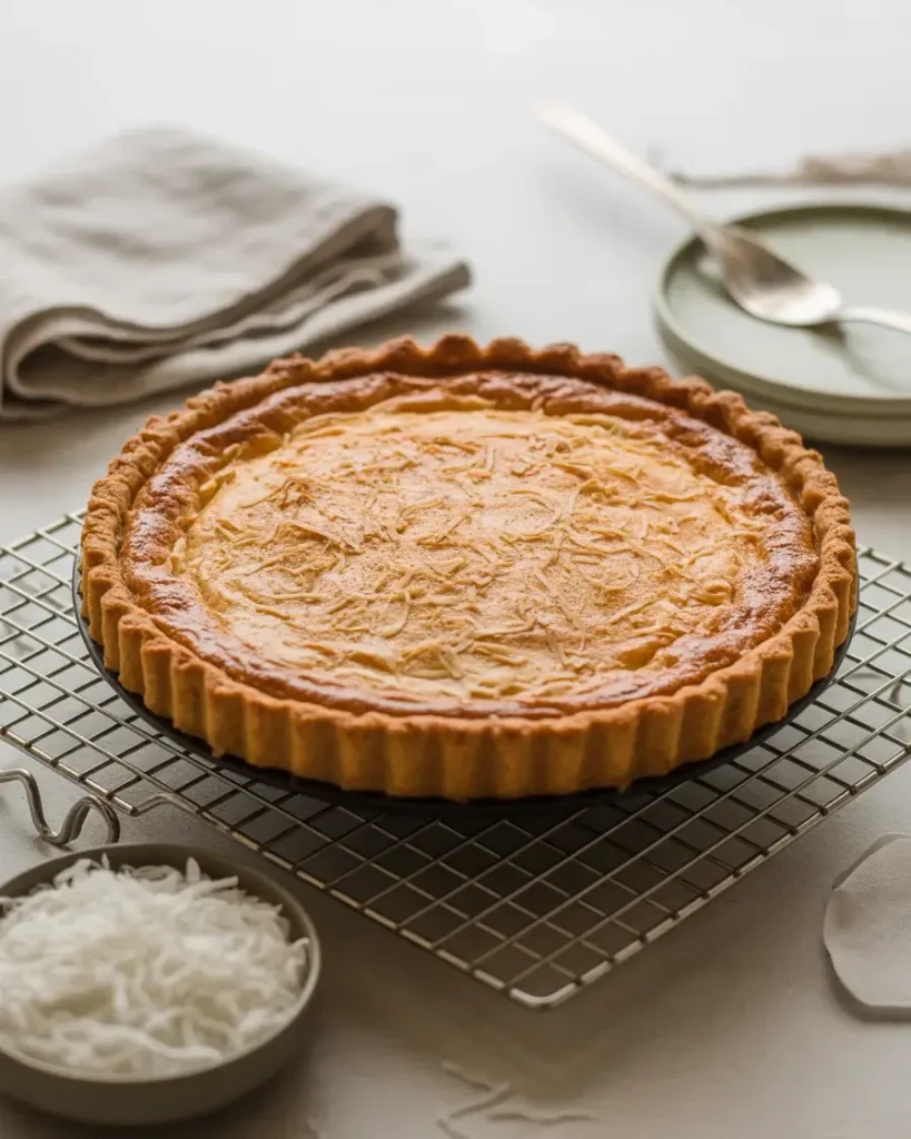  Coconut pie resting on a wire rack to let the custard fully set before slicing