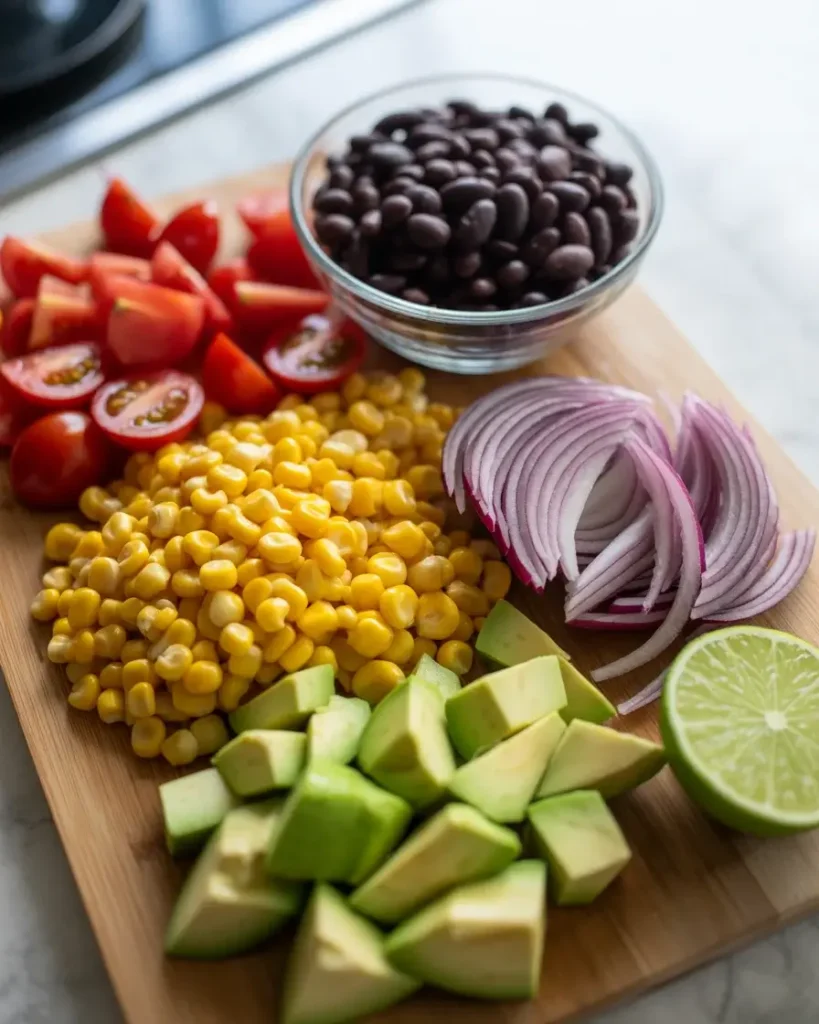 Colorful southwest salad ingredients prepped and ready including beans, corn, avocado, and tomatoes