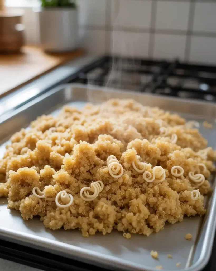 Cooked quinoa spread on a sheet pan to cool, showing the signature white spiral tails