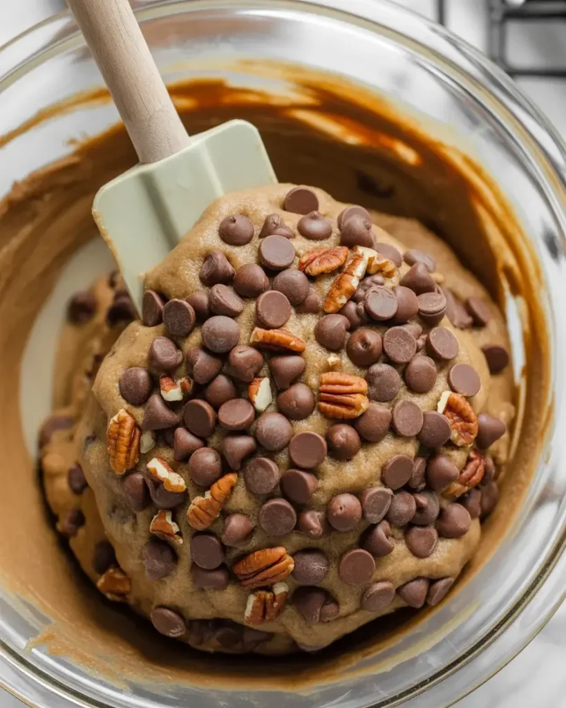 Cookie dough folded with chocolate chips and toasted pecans throughout