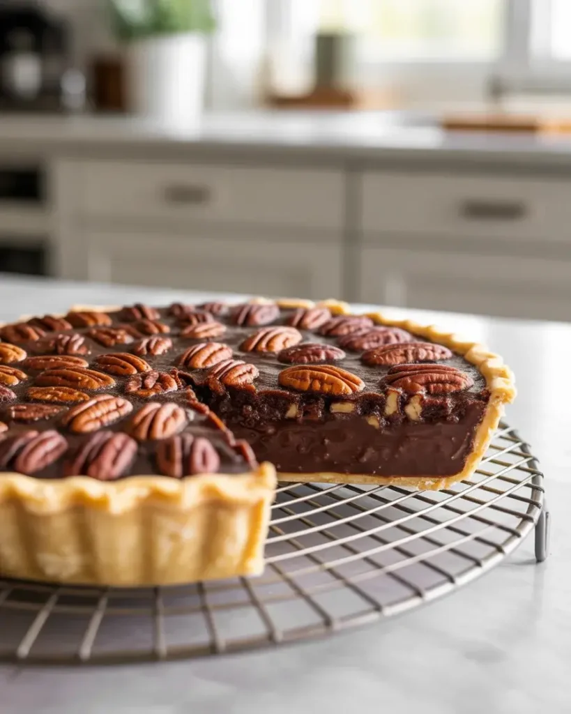 Cooled pie with a glossy pecan top and fudgy chocolate interior ready to slice