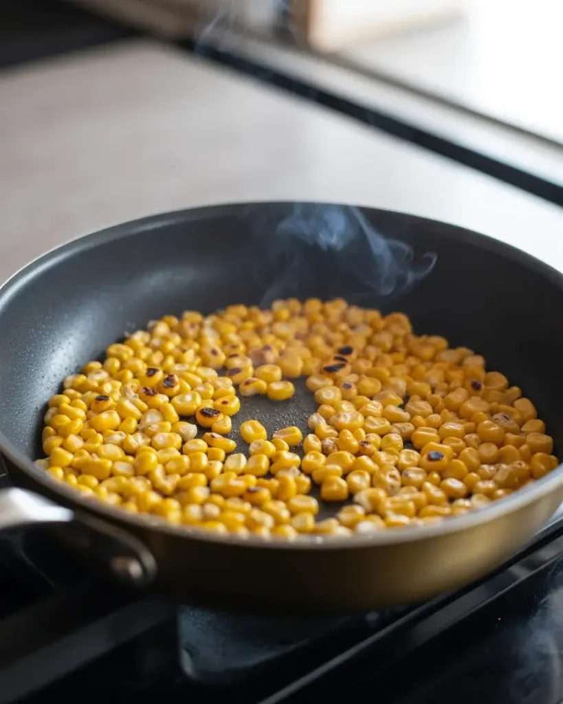 Corn kernels charring in a dry hot skillet for smoky flavor with visible char spots