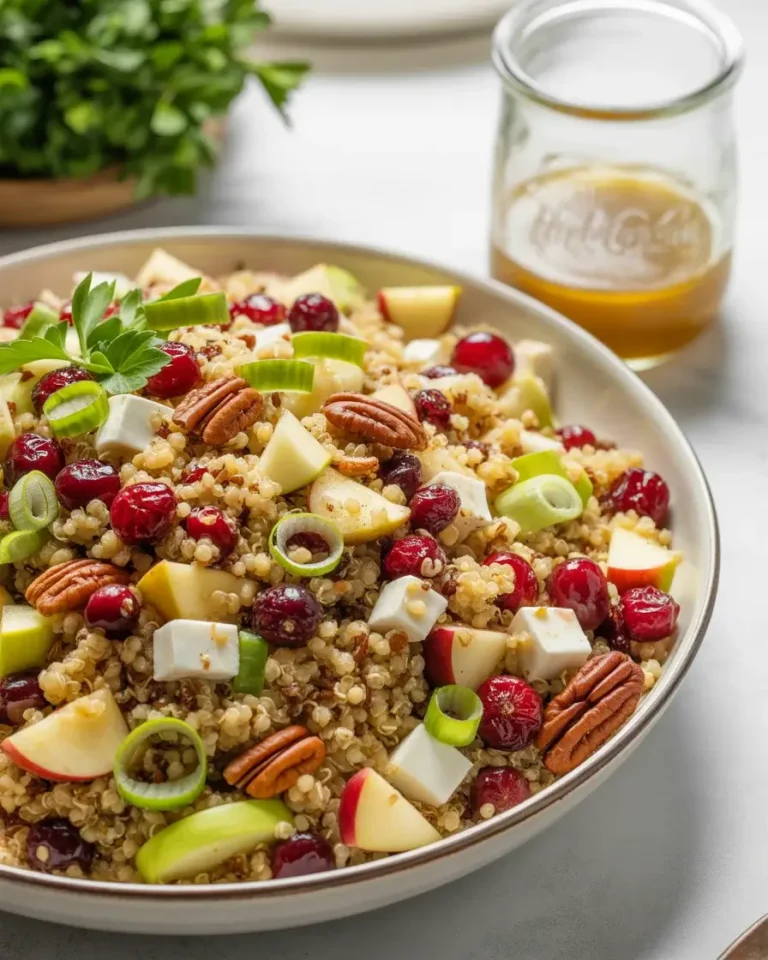 Cranberry apple quinoa salad with feta, pecans, and apple cider vinaigrette, ready to serve