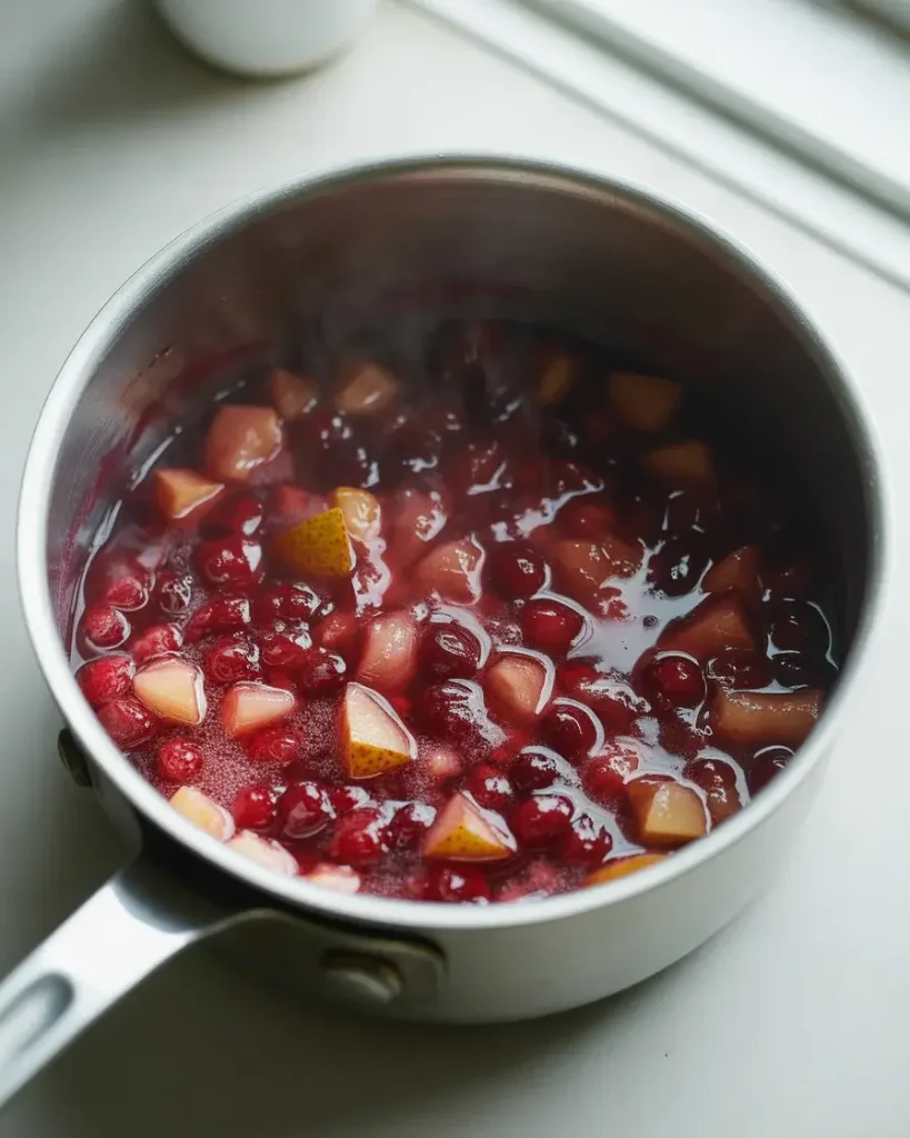 Cranberry pear filling bubbling and thickening to a glossy jammy consistency