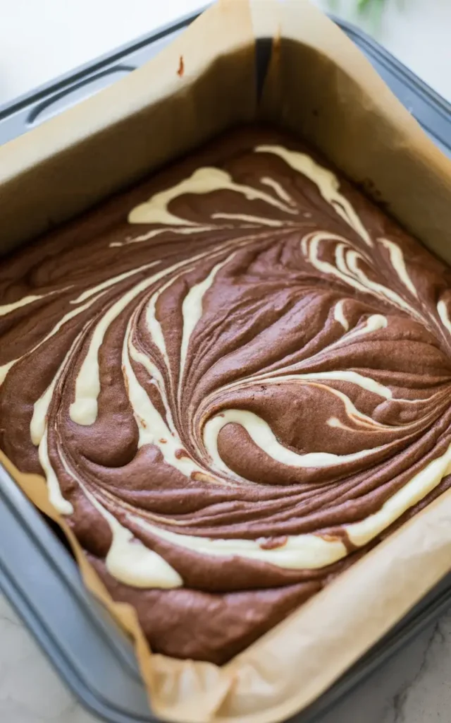 Cream cheese brownies fresh from the oven with set swirls and golden edges