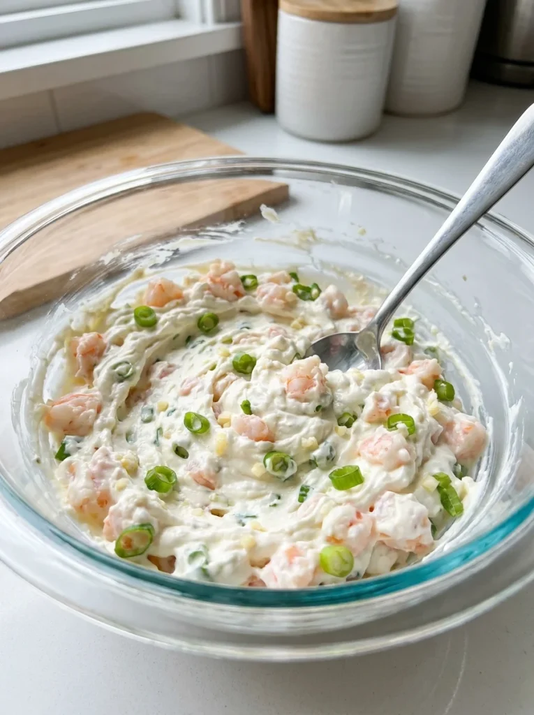 Cream cheese shrimp filling blended with garlic, sesame oil, and green onions