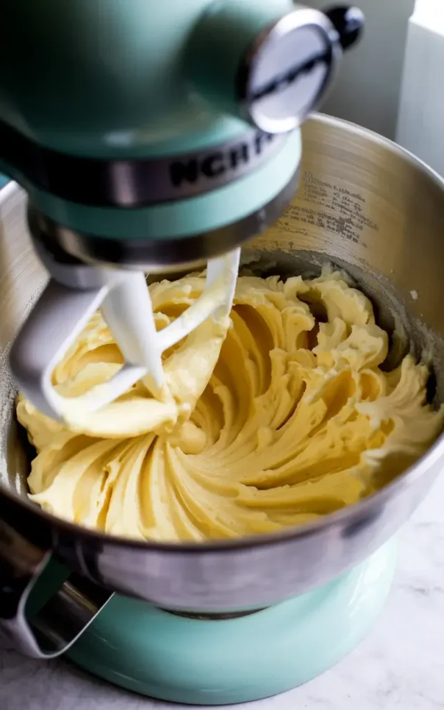  Creamed butter and sugar whipped to a pale, fluffy consistency before adding eggs
