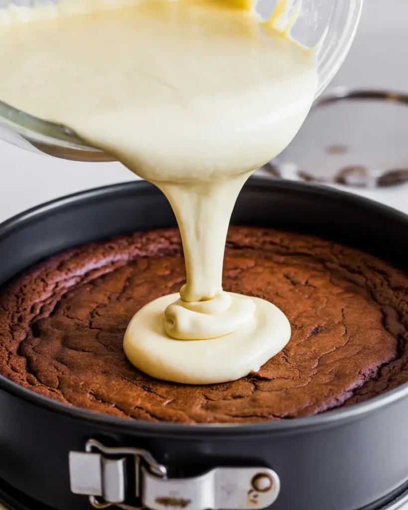 Creamy cheesecake batter layered over the fudgy brownie base before baking