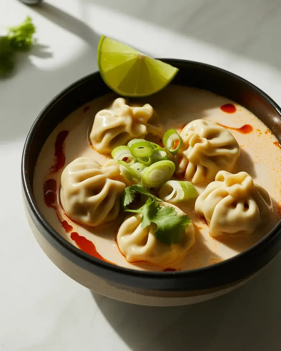 Creamy curry dumpling soup topped with scallions, chili oil, and cilantro in a deep bowl