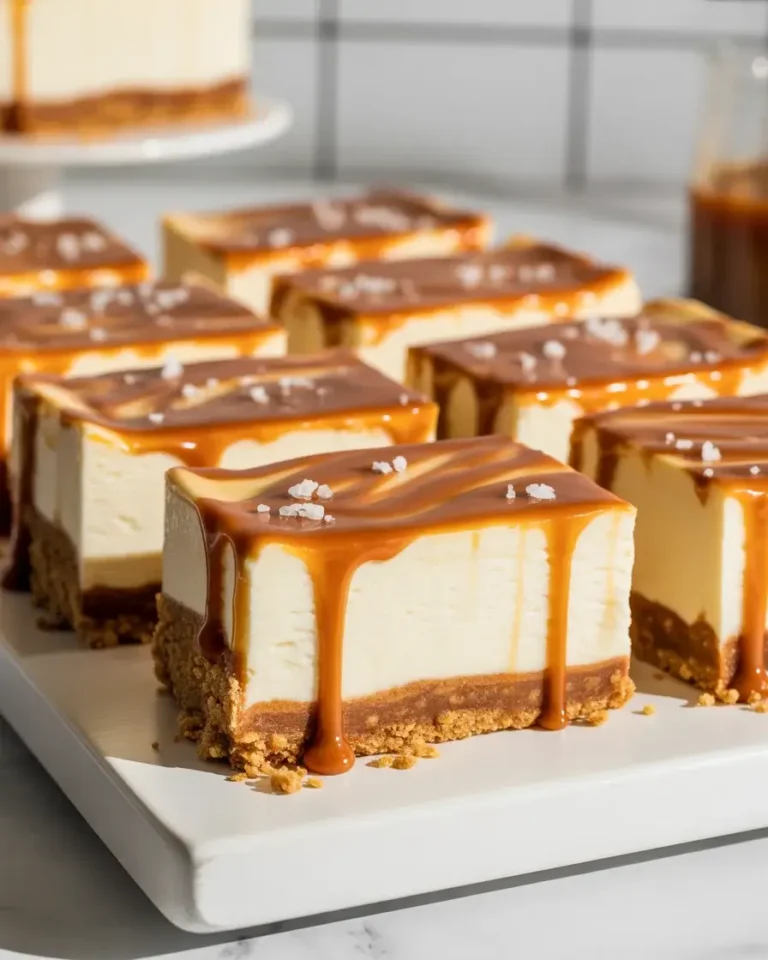 Creamy dulce de leche cheesecake bars with caramel swirl, golden crust, and flaky sea salt