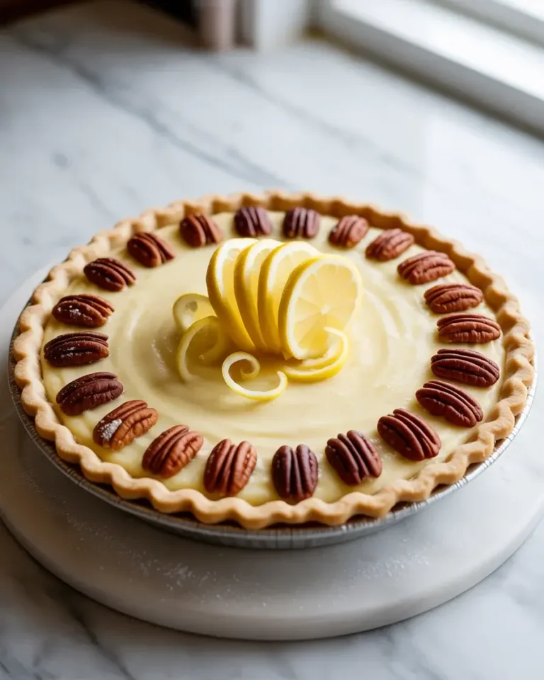 Creamy lemon pecan whipped pie garnished with toasted pecans, lemon wheels, and powdered sugar
