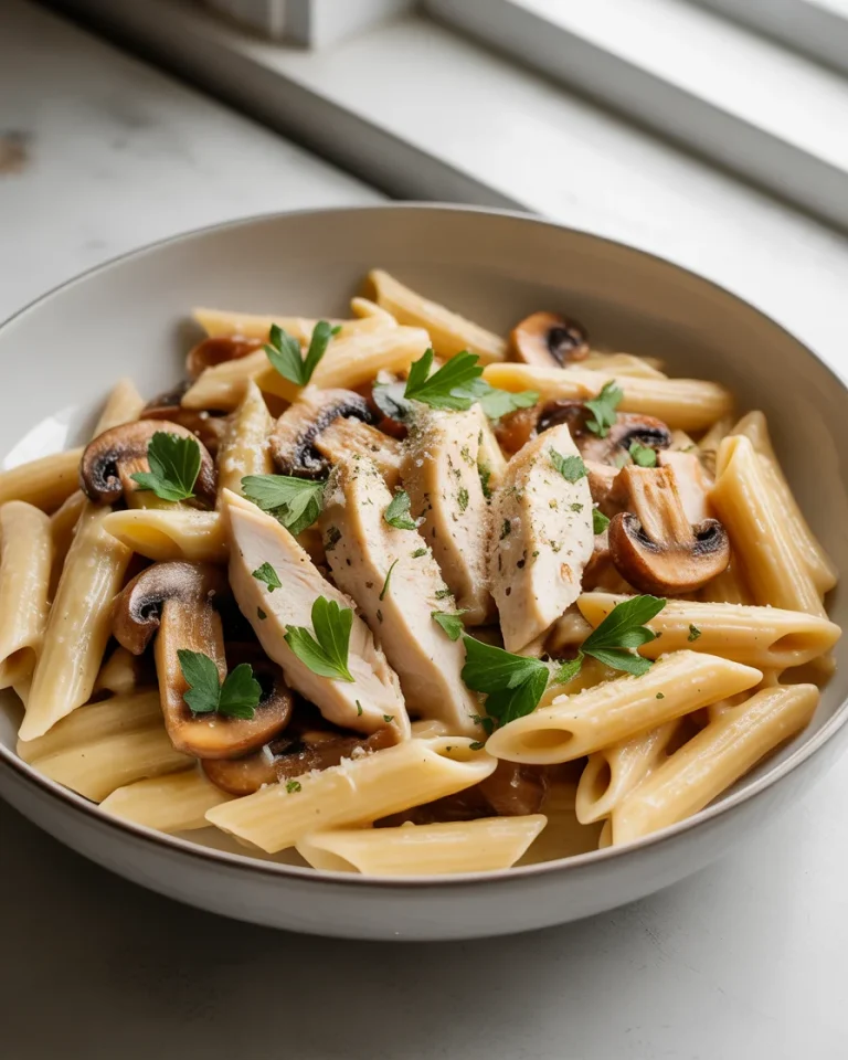 Creamy mushroom chicken penne plated with parmesan, golden sauce, and fresh parsley garnish