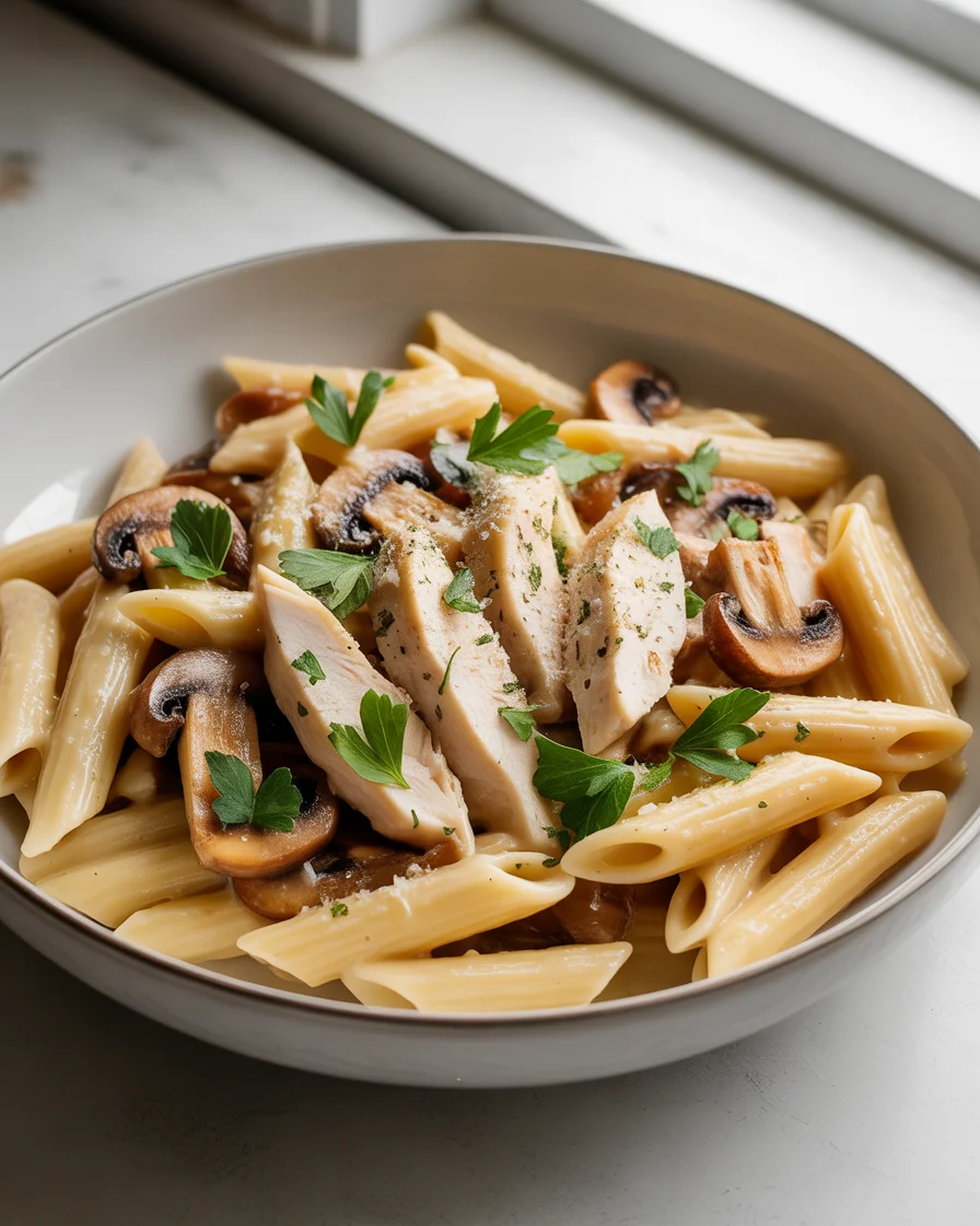 Creamy mushroom chicken penne plated with parmesan, golden sauce, and fresh parsley garnish