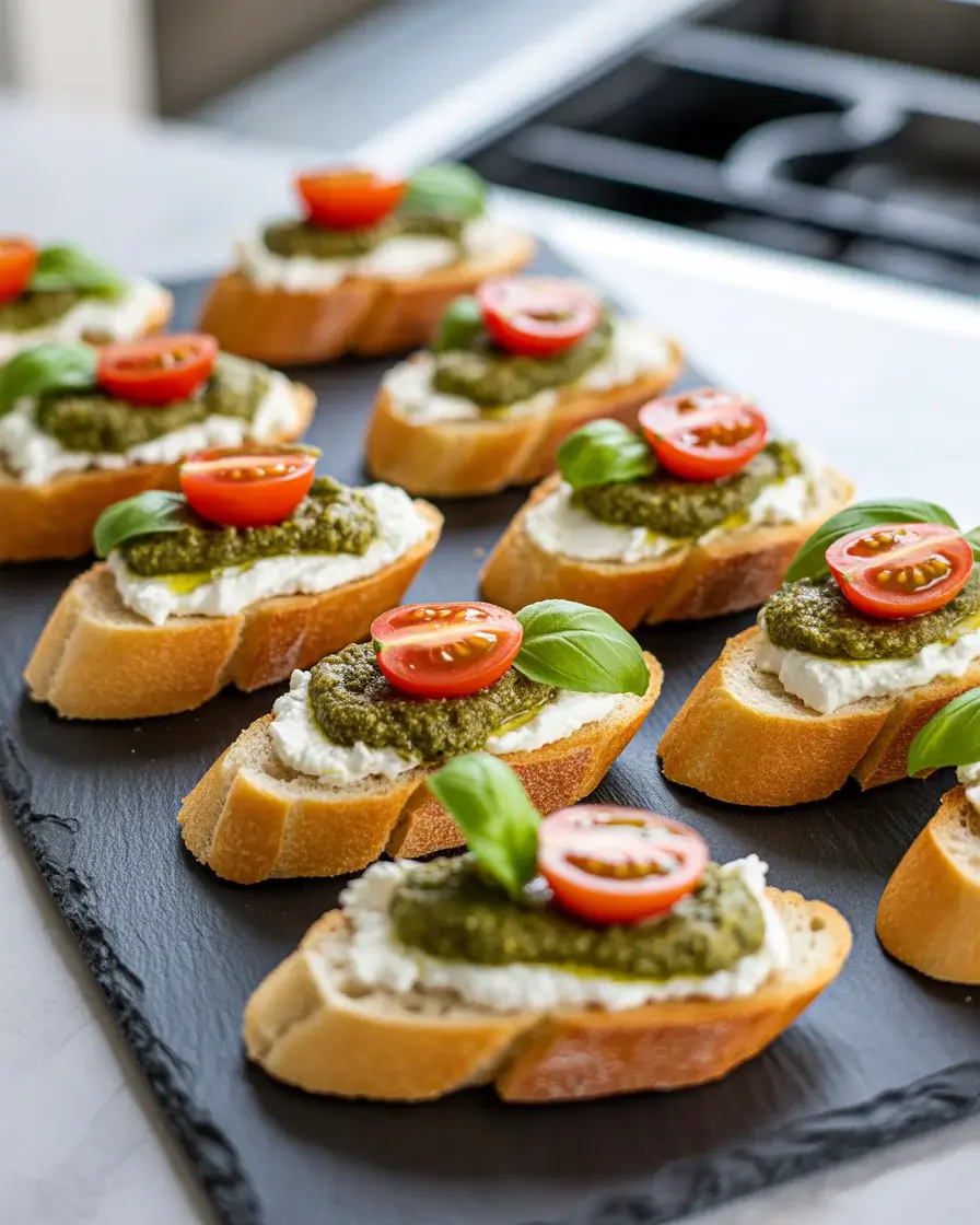 Creamy pesto ricotta crostini with cherry tomatoes and basil on a slate board