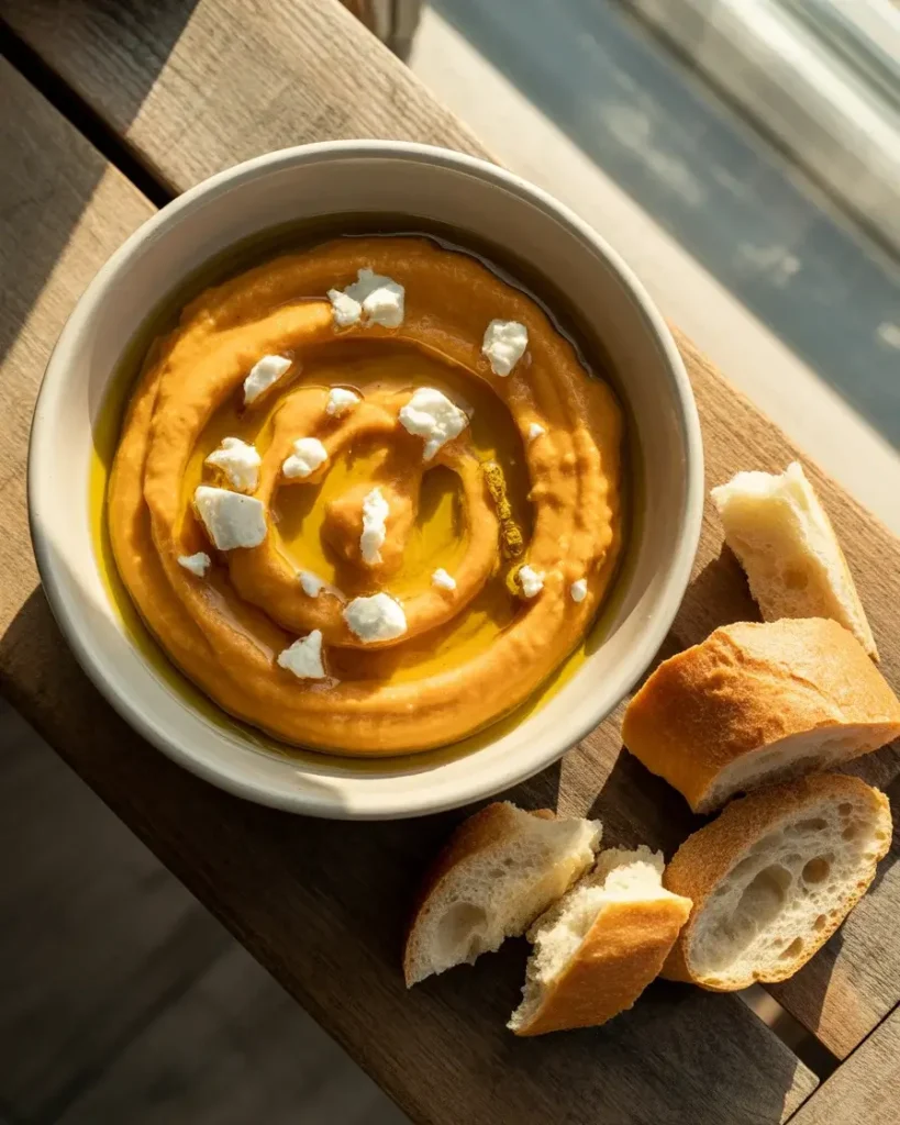 Creamy pumpkin feta dip drizzled with olive oil and served with crusty bread.