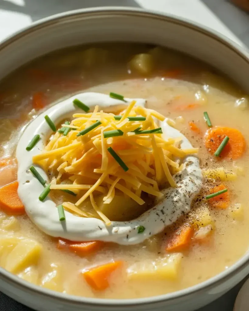 Creamy vegetable soup topped with cheddar, sour cream, and fresh chives