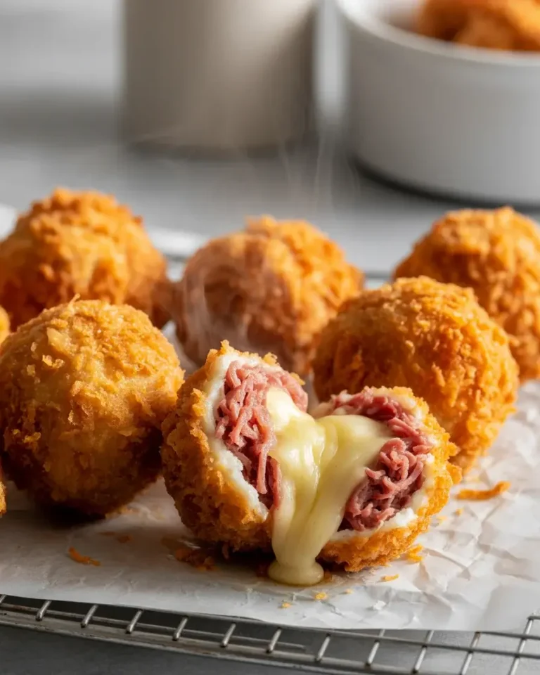 Crispy Reuben balls with golden panko crust, melty Swiss cheese filling, and Thousand Island dipping sauce