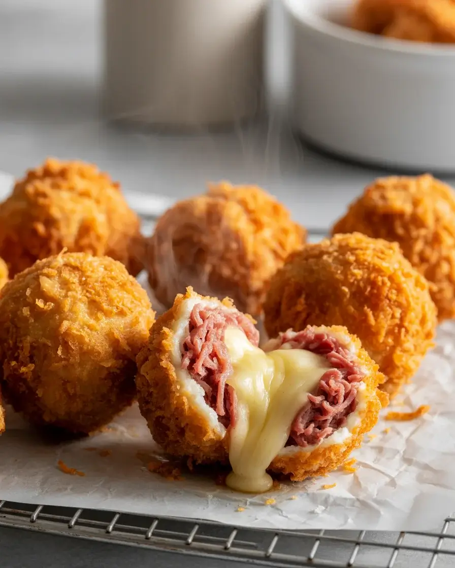Crispy Reuben balls with golden panko crust, melty Swiss cheese filling, and Thousand Island dipping sauce