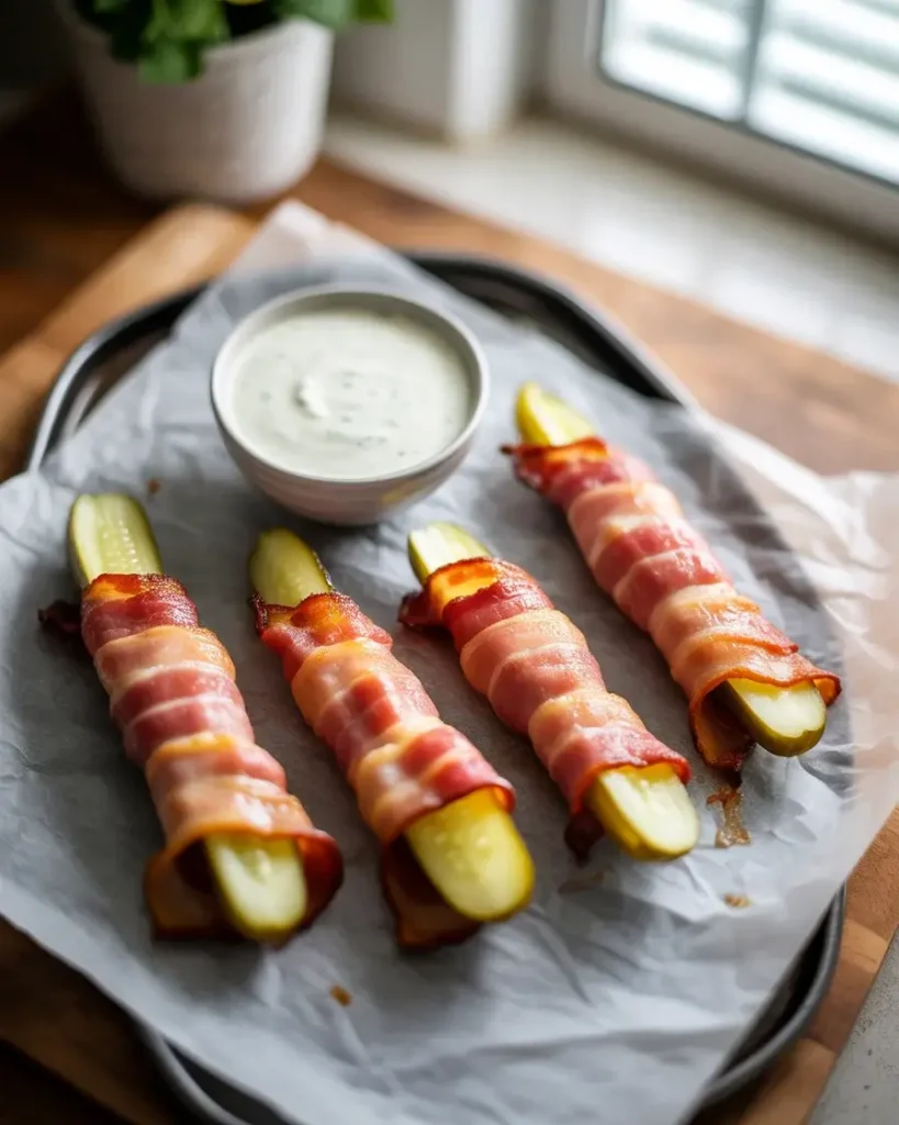 Crispy bacon wrapped pickles fresh from the air fryer with dipping sauce.
