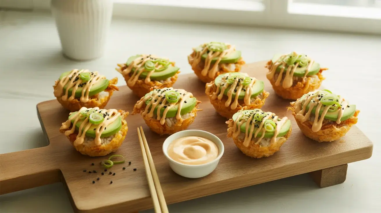 Crispy baked sushi cups topped with spicy mayo, avocado, and sesame seeds on a wooden board