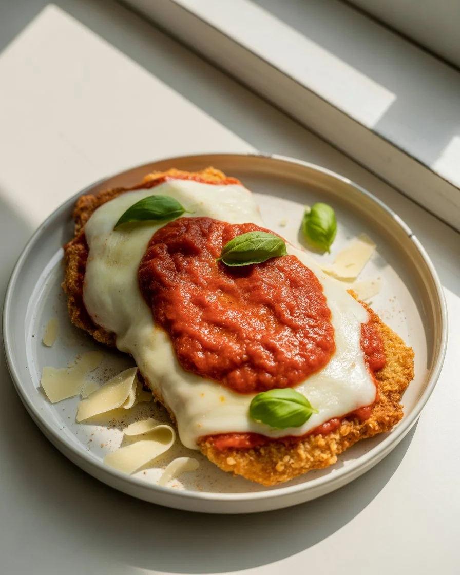 Crispy chicken parmesan with golden panko crust, bubbling mozzarella, and fresh basil